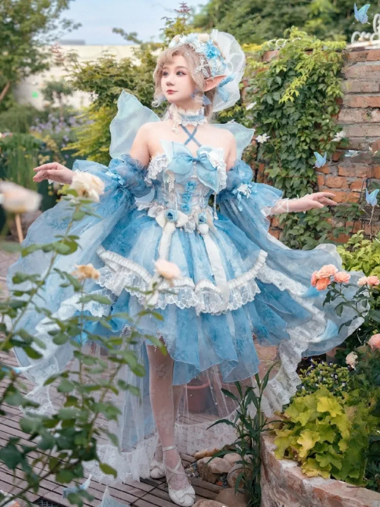 Volles Prinzessinnen-Blumen-Schmetterlings-Set-Design, blaues JSK Fairycore-Lolita-Kleid