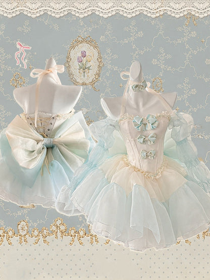 Grünes Mieder-Korsett-Oberteil mit Schleifenverzierung und bauschigem Rock, gelbes Balletcore-Set