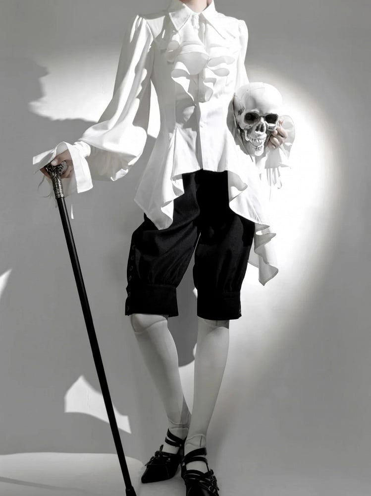 Pointed Foldover Collar Gothic Shirt Long Jabot Ouji Lolita White Sleeves