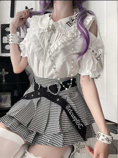 Ruffle Cut-Outs Triangular with White Chest Sleeve Short Gothic Shirt Accents Shoulder Puff
