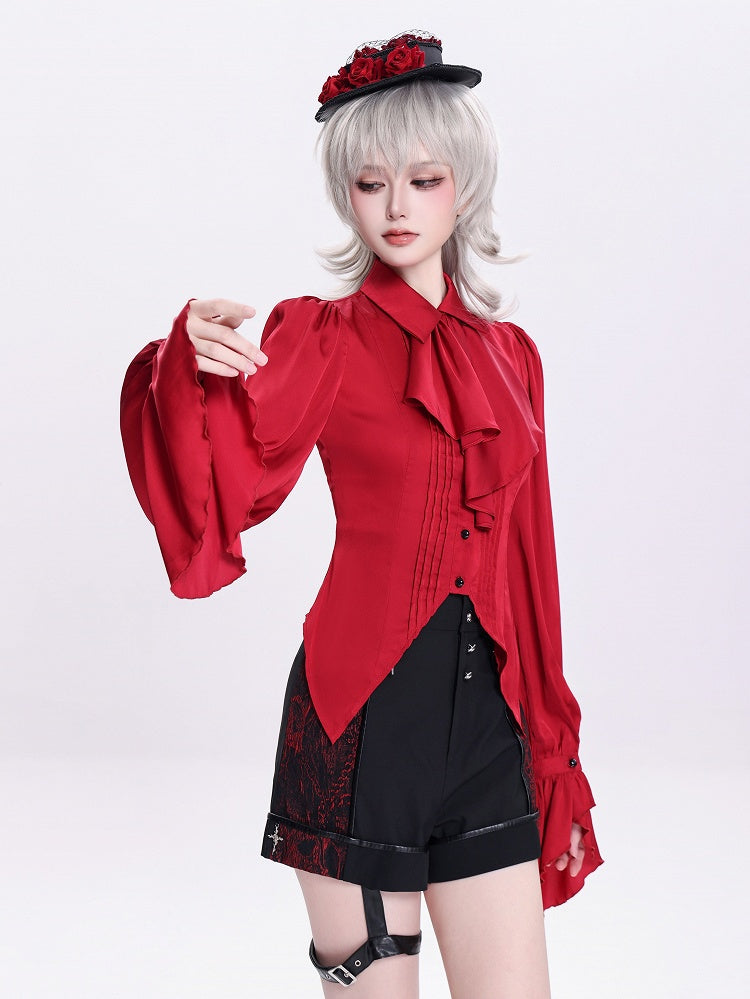 Red Pleated Shirt with Foldover Collar, Ruffle Cuffs, and Jabot Tie - DevilInspired Exclusive Collection