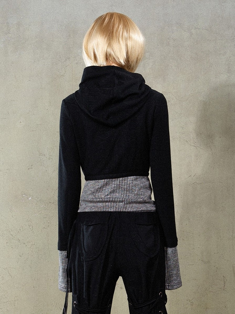 Punk Hem Hoodie Gray Knit Rhinestone Cuffs Black Y2K with Totem Jacket