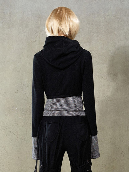 Punk Hem Hoodie Gray Knit Rhinestone Cuffs Black Y2K with Totem Jacket