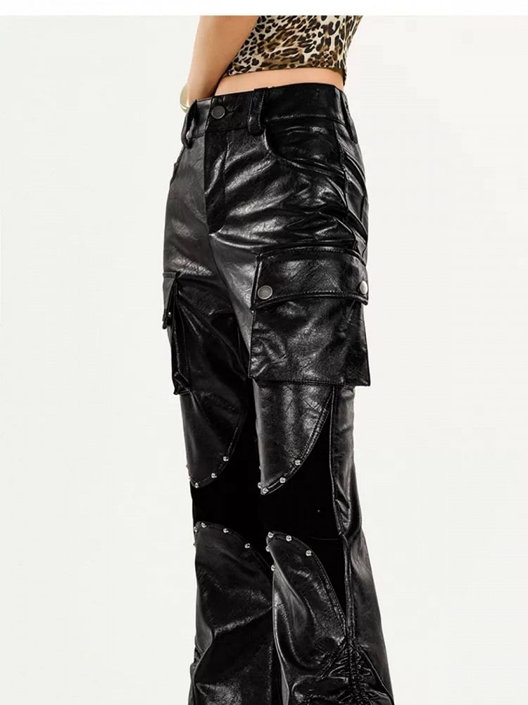 Black/Brown Punk PU Leather Trousers with Pleated Design