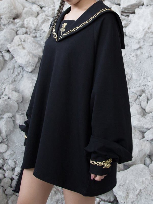 Gold Black Rose and Gothic Sailor Thorn Loose with Collar Embroidery Sweatshirt