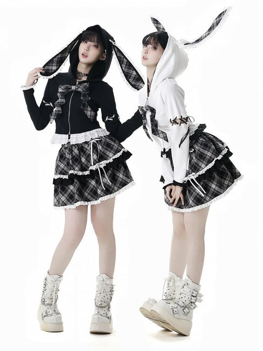 Lace-up Lace Trim Bunny Ears White/Black Design Hood Zip Closure Hoodie Sleeves Detachable