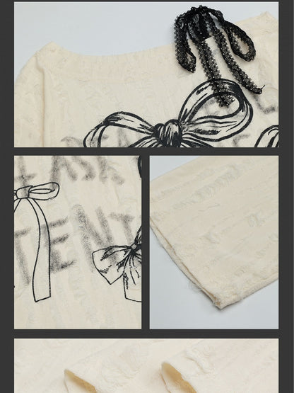 グレー/ミルクホワイト ボウコント アシンメトリーネックライン トップス