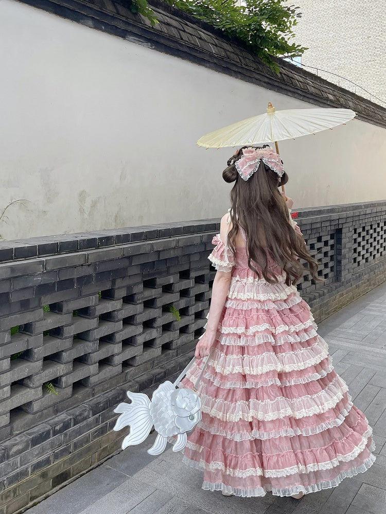 Lolita Ruffle Multi-Layered Sweet Straps Embroidery and with Dress Pink Adjustable Goldfish