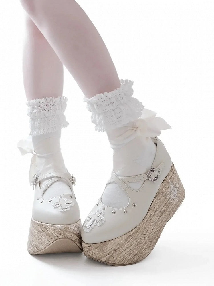 and Cross Gothic Lace-up Platform Shoes with Criss-cross Buckle Strap White Applique