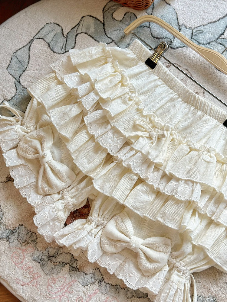 Bloomers Accents Lolita with Ruffles and Tiered Cream Cotton Bow
