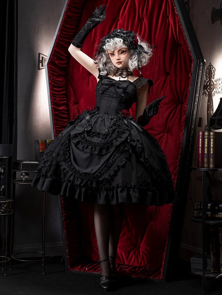 with Black Gothic Lolita Straps Dress Jacquard Shoulder Bat-wing Curved