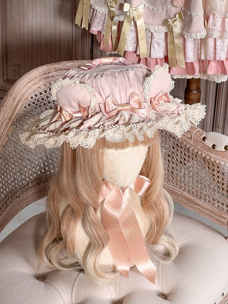 Gerüschte Lolita-Dekorationen mit Hut, Ohren, Bär, Rosa und süßer Schleife