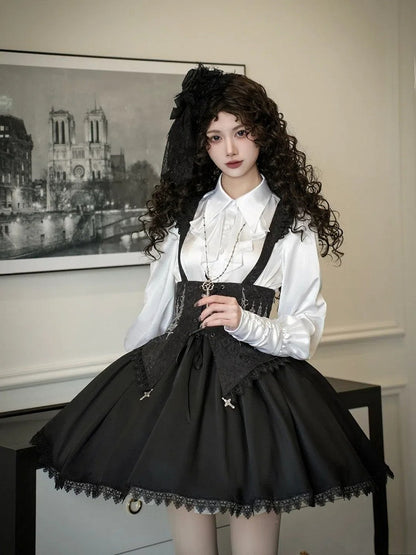 Shirt Long Foldover Gothic Cascading Sleeves Pointed Ruffles Lolita White Collar