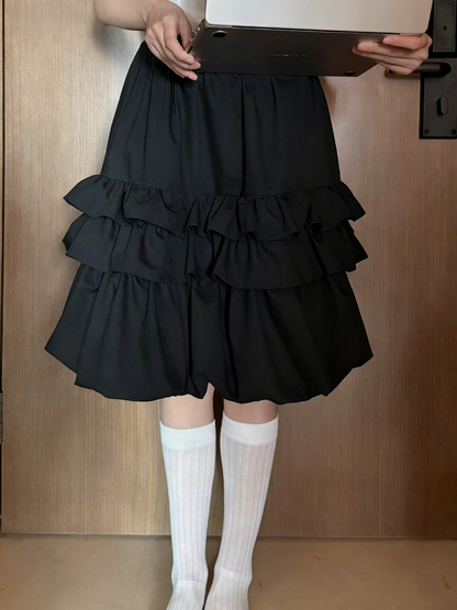 Black Ruffle with Tiered Trim - Length Skirt Knee