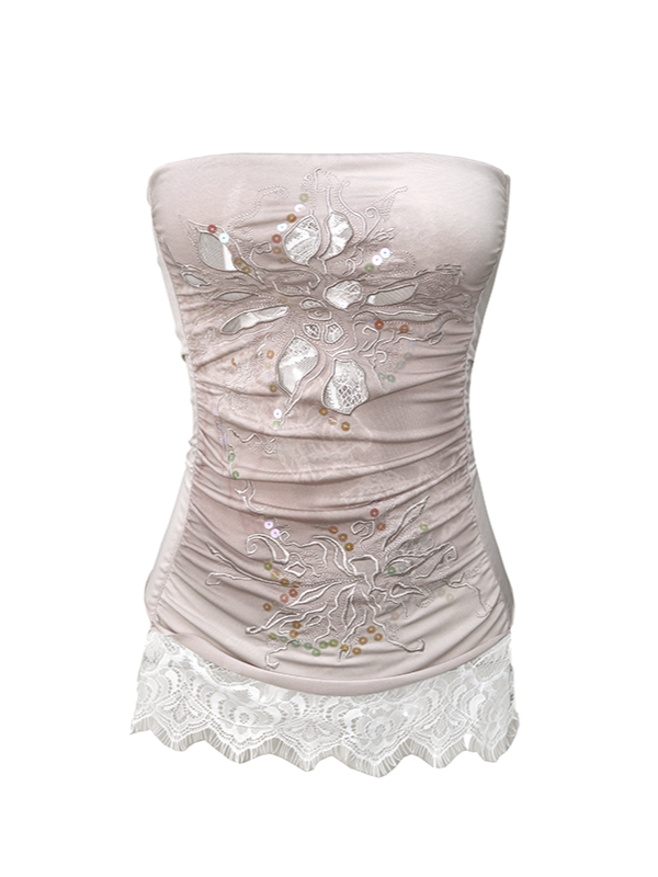 Lace Floral Embroidered Bustier Top Pink Underlay Cutouts with