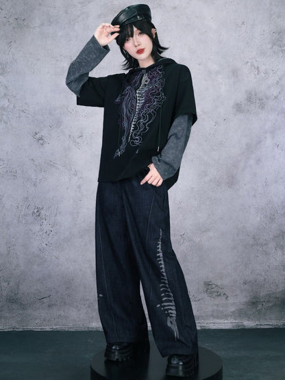 Black Straight-Leg Denim with Embossed Skeleton Whale Graphic - Quirky Hut