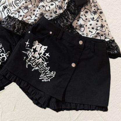 Decorative Black Trim Ruffle Button Skort Placket with
