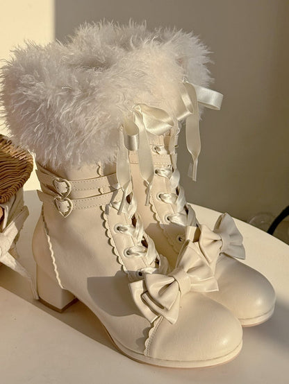 with Lolita Heart Dual Plush Buckle Boots White Fastening - Mid-Calf Elegant Cuff PU