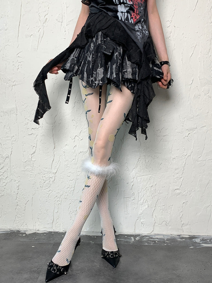 Stockings Fishnet Design Decorated Y2K Underknee Feather White