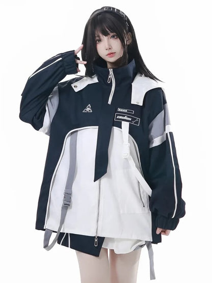 Techwear White and Embroidered | Unisex Blue Jacket Symbols Panels Geometric Asymmetric Futuristic