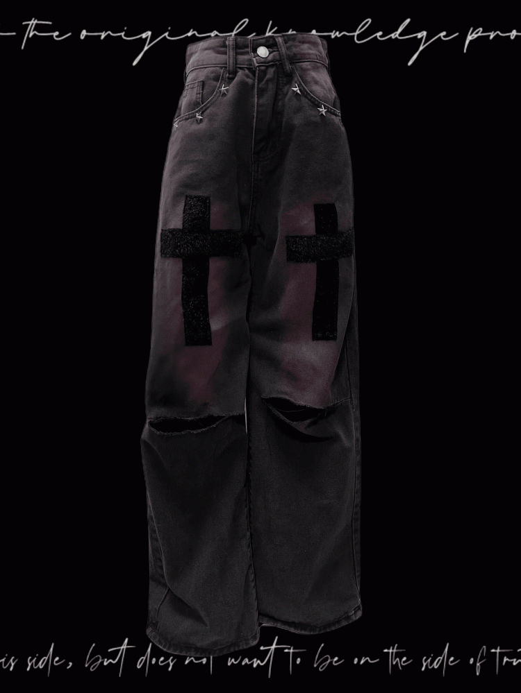 Studded Y2K Black and Purple Cross Applique Straight-Leg Jeans Distressed Holes Glamorous