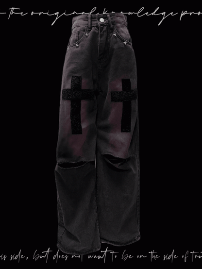 Studded Y2K Black and Purple Cross Applique Straight-Leg Jeans Distressed Holes Glamorous