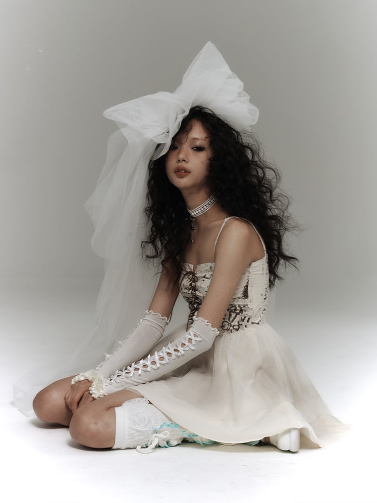 Punk Slip Crisscross Dress Lacing Tiered White with Tulle Skirt Distressed