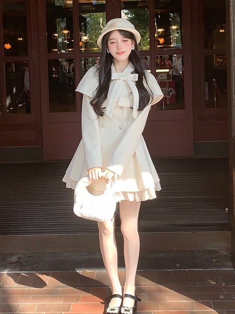 Button Jirai Cape Double-Breasted Front White Kei Pure Dress with Wool