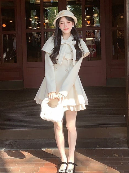 Button Jirai Cape Double-Breasted Front White Kei Pure Dress with Wool