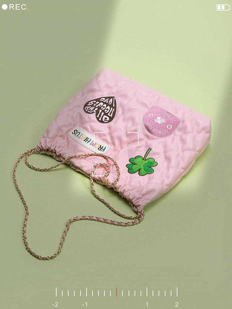 Sweet Pink Diamond Bag With Clover And Letter Embroidery Quilted Drawstring Shoulder