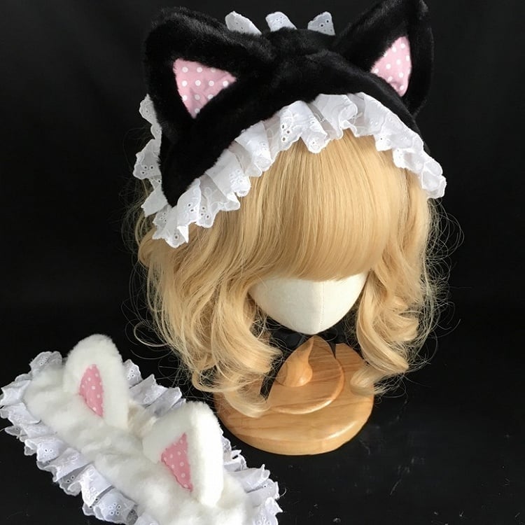 with Cat Trim Black/White Lace Ear Hairband