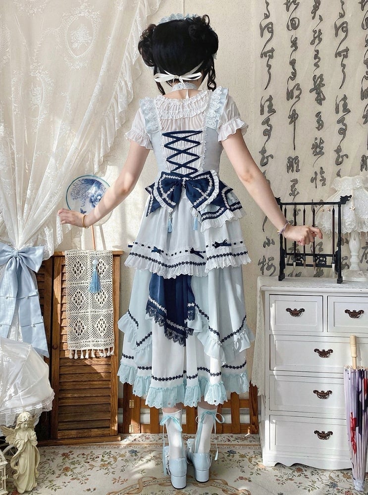 and Floral JSK Dark Lolita Sleeves Dress Embellished Flutter Blue Bow