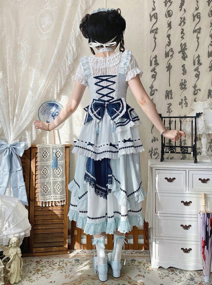 and Floral JSK Dark Lolita Sleeves Dress Embellished Flutter Blue Bow