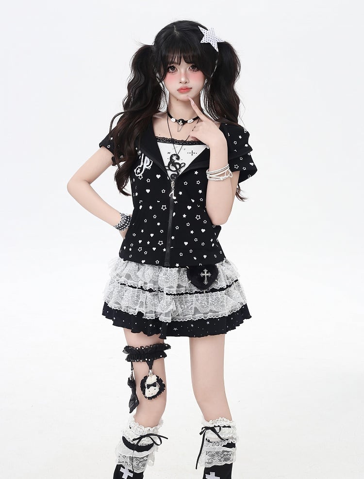 Weiß/Schwarze Y2K-Jacke mit Stern- und Herz-Print und Reißverschluss und Kapuze mit Katzenohren