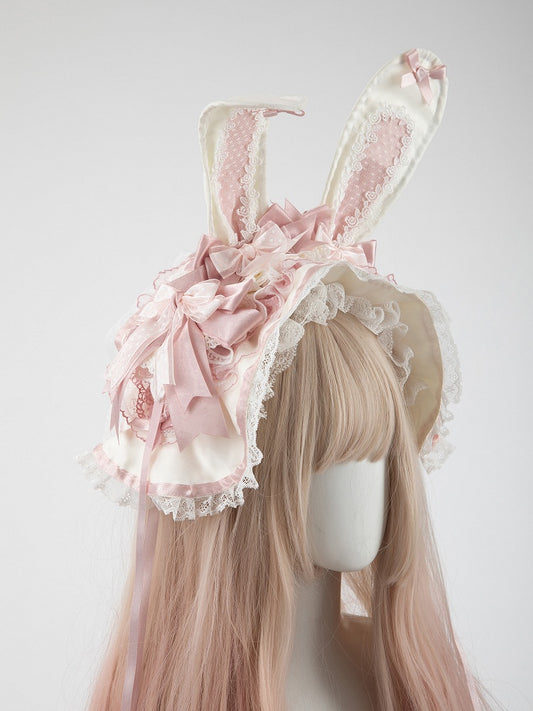 Pastel Wide Pink with Removable Lace Ruffled Ears Bunny Hairband Bows