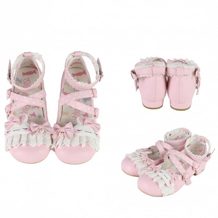 Lolita-Schuhe mit Tupfen-Design, rosa Hasen-Applikation, Schleifenmuster, Spitzenbesatz, süßen, kreuz und quer verlaufenden Details