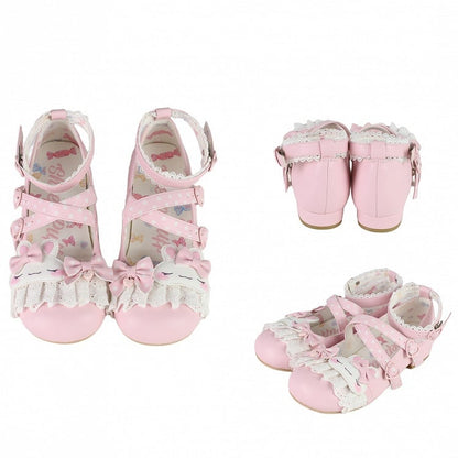 Lolita Polka-dot Design Pink Bunny Applique Bowknot Pattern Lace Trim Sweet Crisscross Details Shoes