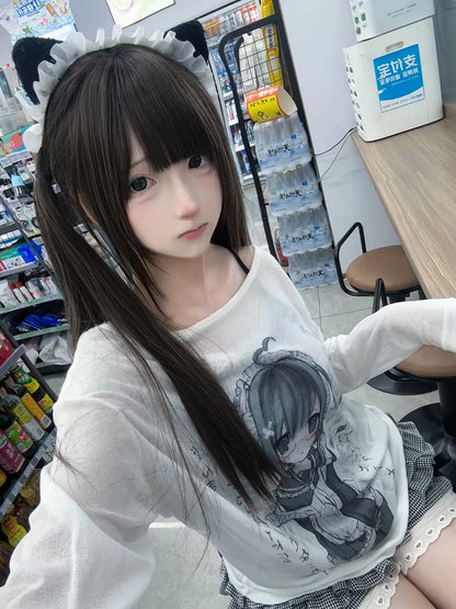 Print Semi-Sheer Cartoon Top White with Loose