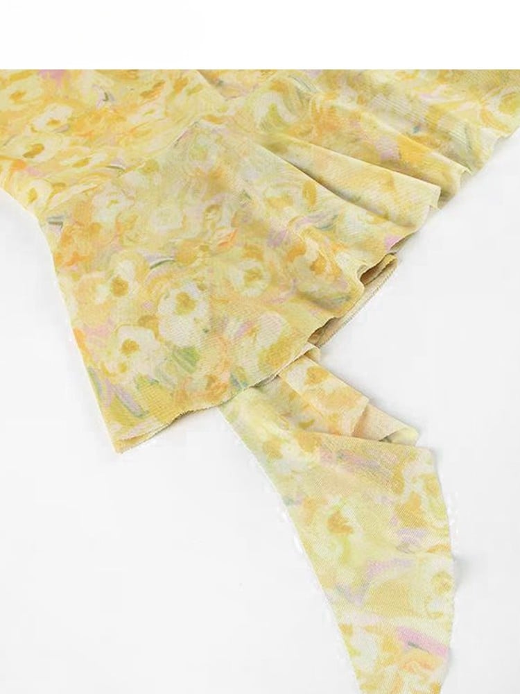 花柄ドレス ホワイト アシンメトリー イエロー ベージュ ホリデーセット - 透け感のある刺繍 + スカート裾