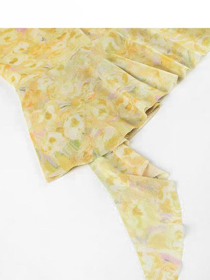 花柄ドレス ホワイト アシンメトリー イエロー ベージュ ホリデーセット - 透け感のある刺繍 + スカート裾