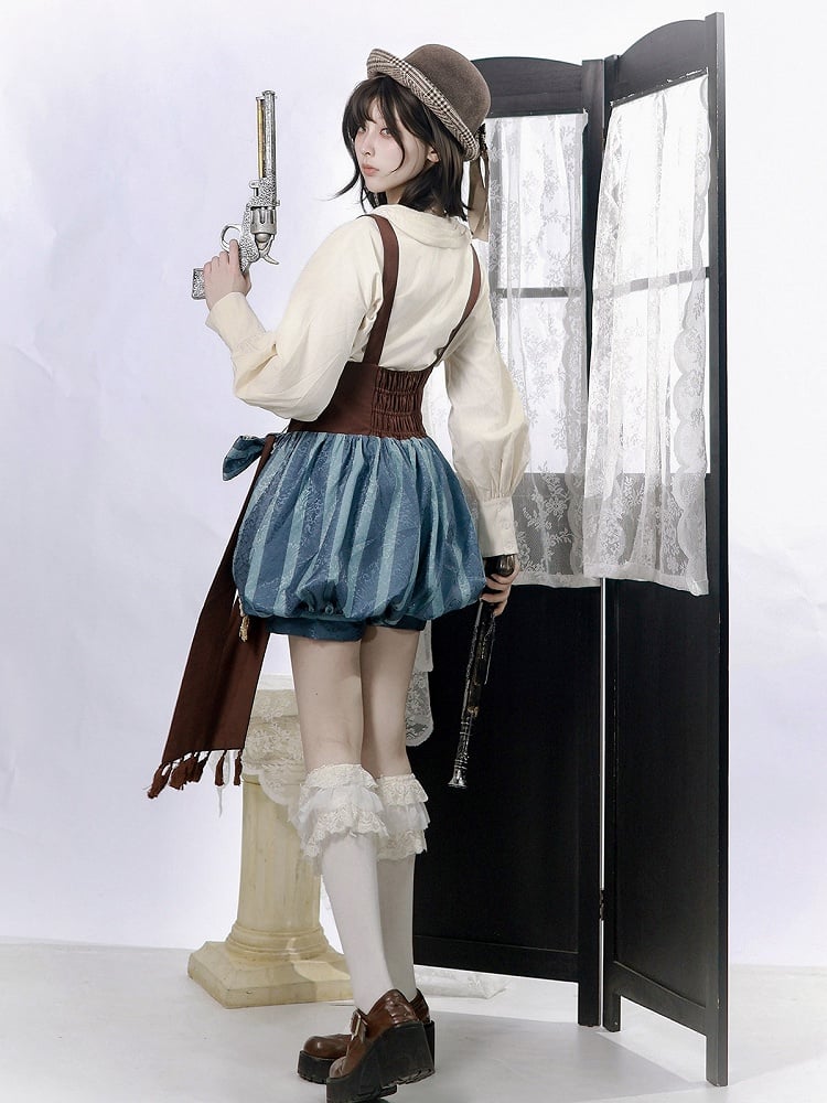 Brown & Blue Wasteland Style Asymmetrical Lolita Cape + Lace-Up Top + Striped Overall Shorts Set - Xiong Dou Jiang