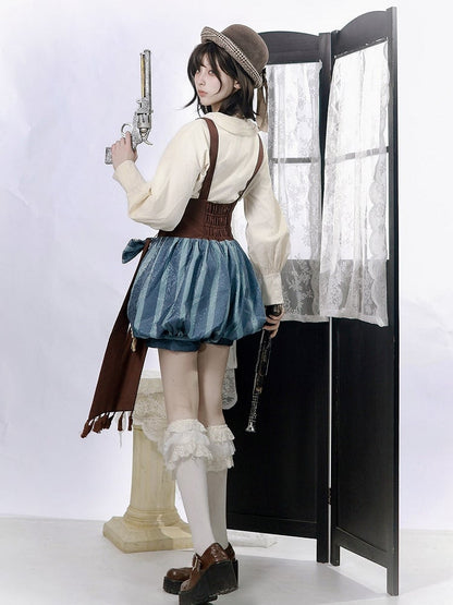 Brown & Blue Wasteland Style Asymmetrical Lolita Cape + Lace-Up Top + Striped Overall Shorts Set - Xiong Dou Jiang