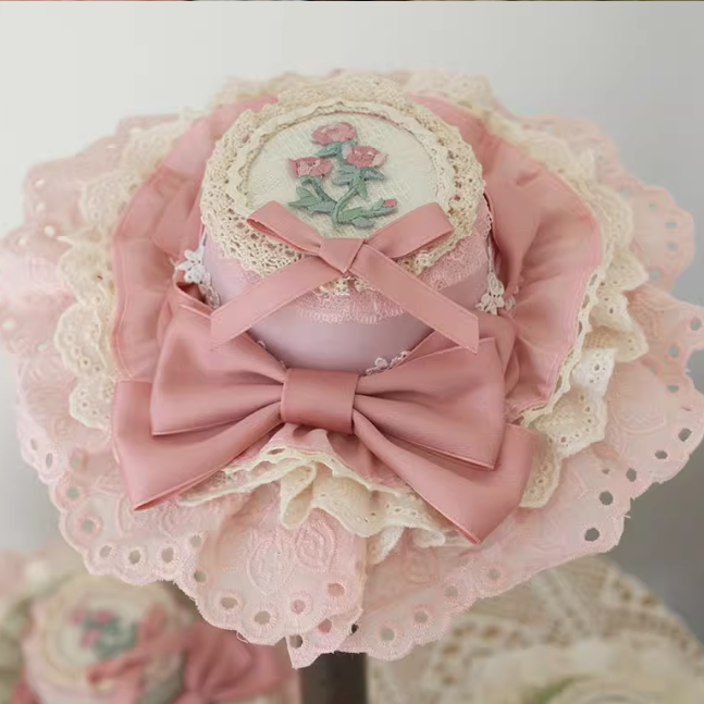 Floral Embroidery Lace Trim Top Hat