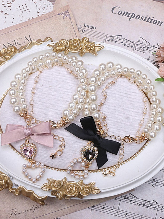 Black / Three-Layer Kei Rhinestone Chain Pink Bracelet Heart Jirai Pearl
