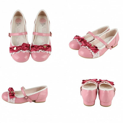 Elegant Rose Pink Lolita Low-heel Mary Janes - Heart Accent Bow, Lace Edging & Circle Buckle