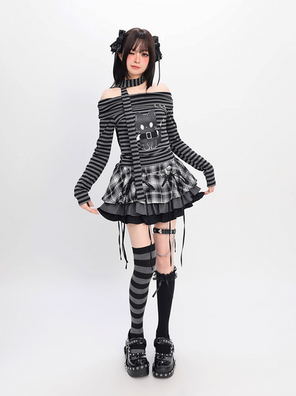 Gray Striped Top Neckline Black and Scarf with Bittersweet Kitten Print Off-the-shoulder