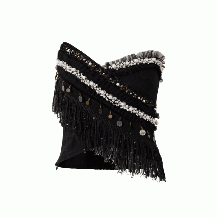 Black/White Crossover Design Bead Hem Details Fringe Baroque