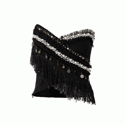 Black/White Crossover Design Bead Hem Details Fringe Baroque