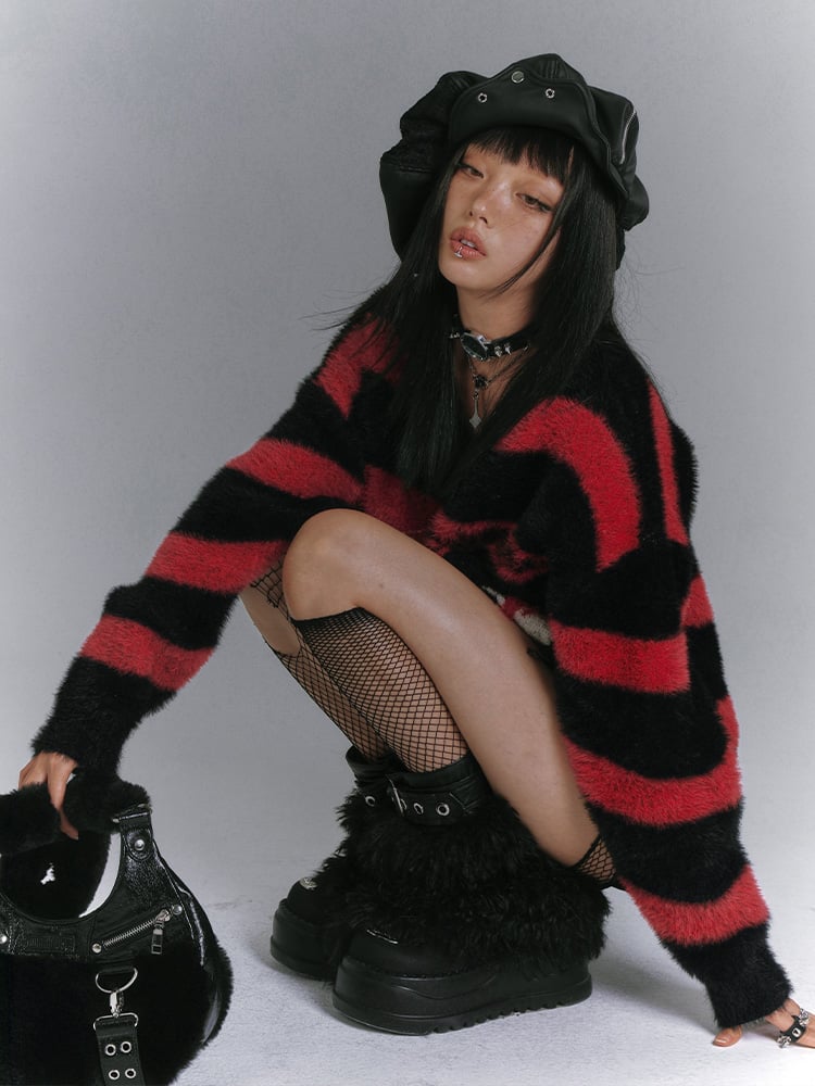 Black Punk Sweater Spider Red V-neck and Striped