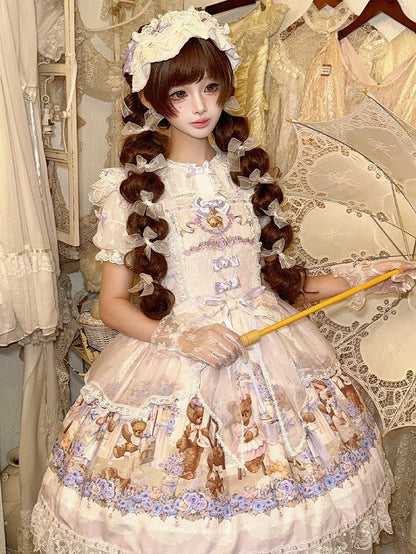 Cute Bear & Flower Pattern Sweet Purple Lolita JSK Gown - Stars Fall on the Foggy Island
